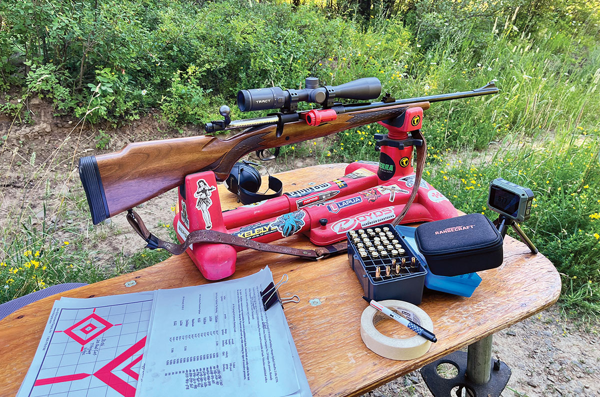 The 30-06 Springfield rifle used for testing is Patrick’s 1966-manufactured Winchester Model 70. It includes a 22-inch barrel with 1:10 rifling twist; the longer barrel stabilizes bullets the short-barreled 308 Win would not.